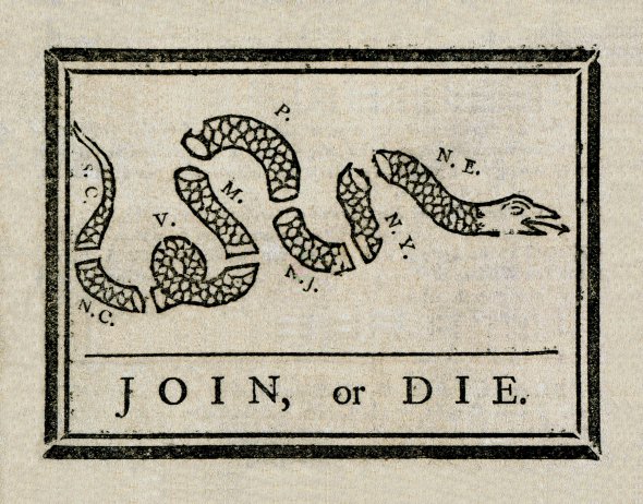 9 травня 1754 року американський учений, політичний діяч і дипломат Бенджамін Франклін (1706–1790) створив першу на континенті політичну карикатуру. На ній зобразив розділену на вісім частин змію із підписом Join, or die – ”Об’єднайся або помри”. Кожна частина змії символізувала колонії в Північній Америці. Опублікував карикатуру в газеті штату Пенсильванія. Франклін закликав керівництва всіх штатів об’єднатися в боротьбі з французькими колоністами й корінними мешканцями за контроль над територіями в долині річки Огайо