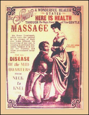 «Цілющий масаж доктора Свіфта, від шиї до колін». Рекламний постер