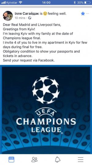 Депутат київської міськради Ілля Сагайдак безкоштовно впустить у свою столичну квартиру вболівальників фінального матчу Ліги чемпіонів