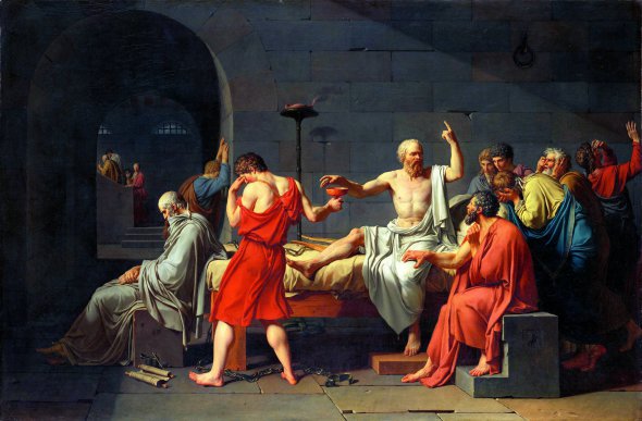 Французький художник Жак-Луї Давід написав картину ”Смерть Сократа” 1787 року. На ній зображений давньогрецький філософ Сократ, який збирається випити отруту. Поруч – його учні. Біля ліжка сидить послідовник мислителя – Платон, який потім опише останні хвилини життя вчителя. Сократа засудили на смерть за звинуваченням у безбожності й розбещенні молоді