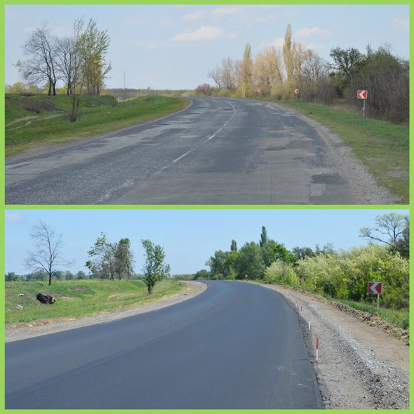 Состояние дорожного покрытия в Новосанжарском районе Полтавщины до ремонта и через месяц после начала работ
