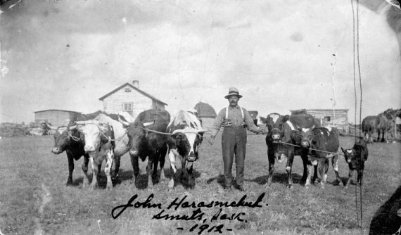 Джон Герасимчук у своего хозяйства в Канаде, 1912