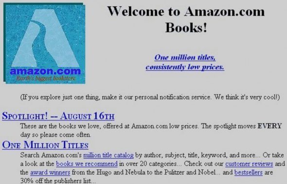 Перша версія сайту Amazon.com. Спочатку інтернет-магазин продавав виключно книги.