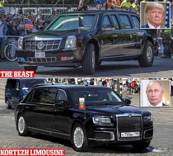 Президенты померялись своими авто в Штольц Финляндии Хельсинки. Вверху - "Зверь" Трампа, внизу - лимузин класса "Кортеж" Путина
