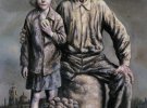 "Продавці картоплі". Картина, що зображає побут в радянській глибинці - на мішку картоплі сидить побитий життям безногий дід. Поруч стоїть дівчинка - найімовірніше, його внучка. Пронизлива картина.