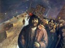 "Ночь в городе". Работа Шульженко, которая очень точно показывает быт городских советских алкоголиков семидесятых-восьмидесятых годов. Поздний вечер, грязный снег, типовой советский микрорайон с магазином-"стекляшкой". Возле магазина собрался "пролетариат" и стреляет мелочь "на пузырь". На переднем плане изображено нечто бесполое, с той самой заветной бутылкой в руках.