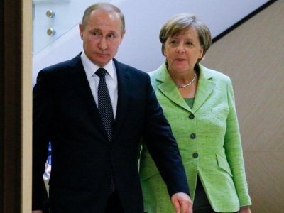 Ангела Меркель на зустрічі з Володимиром Путіним 18 серпня 2018 року в палаці Мезеберг під Берліном