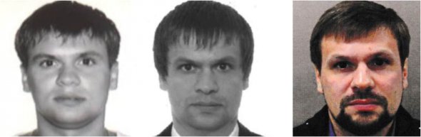 Фото в паспорте Анатолия Чепиги от 2003 г.; в центре: фото в паспорте «Руслана Боширова» от 2009 г; справа: «Руслан Боширов» на фотографии, обнародованной британской полицией