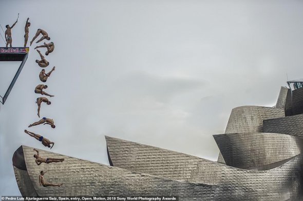 Чеський дайвер Міхал Навратіл робить стрибок з вежі біля  музею Гуггенхейма в Більбао в Японії. Це зображення суміщує послідовні кадри кожної секунди польоту спортсмена з вишки