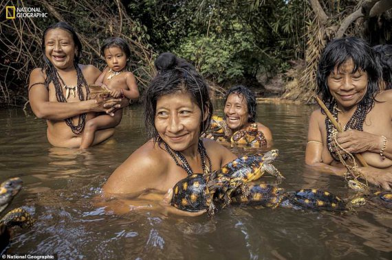 Жители села Посто Ава принимают утреннюю ванну вместе с черепахами, которых позже съедят на обед