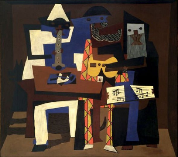 Музыканты и цирковые артисты всегда были в поле зрения художников начала века. Пикассо постоянно писал арлекинов и акробатов в голубой и розовый периоды своего творчества. В период кубизма он создал коллажную композицию "Три музыканта". Считается, что в центре полотна, в образе Арлекина с гитарой, изображен сам Пикассо. Пьеро с кларнетом слева - это его друг, французский поэт Гийом Аполлинер, монах с нотами справа - поэт и художник Макс Жакоб. "Три музыканта" - яркий образец синтетического кубизма.