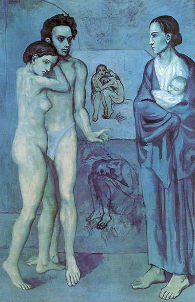 Одна з головних причин початку блакитного періоду творчості Пікассо - самогубство його близького друга Карлоса Касагемаса. Пікассо поринув у дослідження людських страждань, поневірянь, хвороб і смерті. Всі його картини цього періоду написані в холодних і похмурих відтінках синього. Обличчя головного персонажа картини - це обличчя Касагемаса.