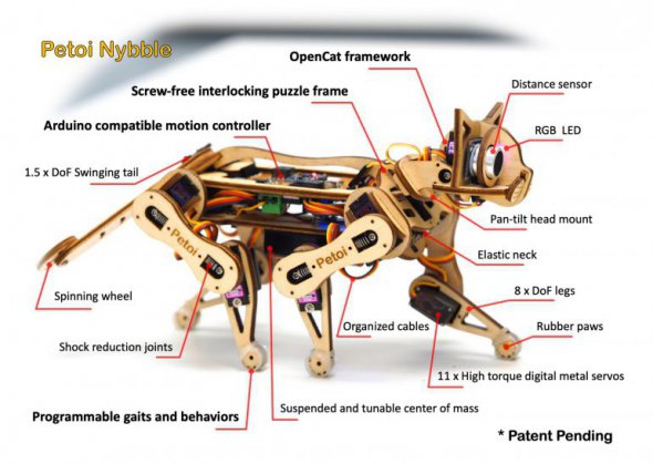 Кішку-робота оснастили сенсорами, мікроконтролером NyBoard V0 з чіпом ATmega328P. 