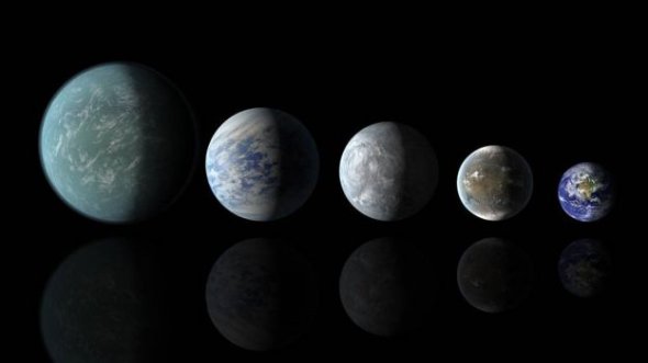 Слева направо: Kepler-22b (открытый немного раньше), Kepler-69c, Kepler-62E, Kepler-62f и Земля. Фото: NASA