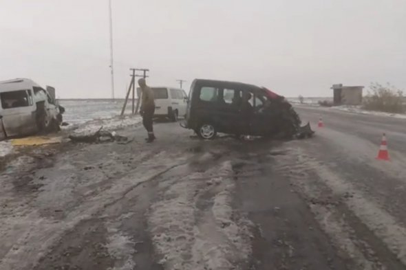 На трассе у поселка Терновка в Запорожской области произошло лобовое столкновение микроавтобуса и легковушки