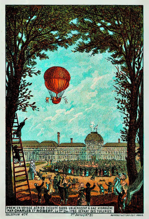 Сувенірну картку ”Запуск першої кулі, заповненої воднем” випустили 1899-го. На ній зображений підйом ученого Жака Шарля 1 грудня 1783 року