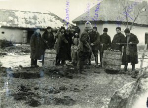 Буксирна бригада обшукує селянське господарство і відбирає знайдені овочі та зерно, село Новокрасне — тепер Арбузинський район на Миколаївщині, листопад–грудень 1932-го