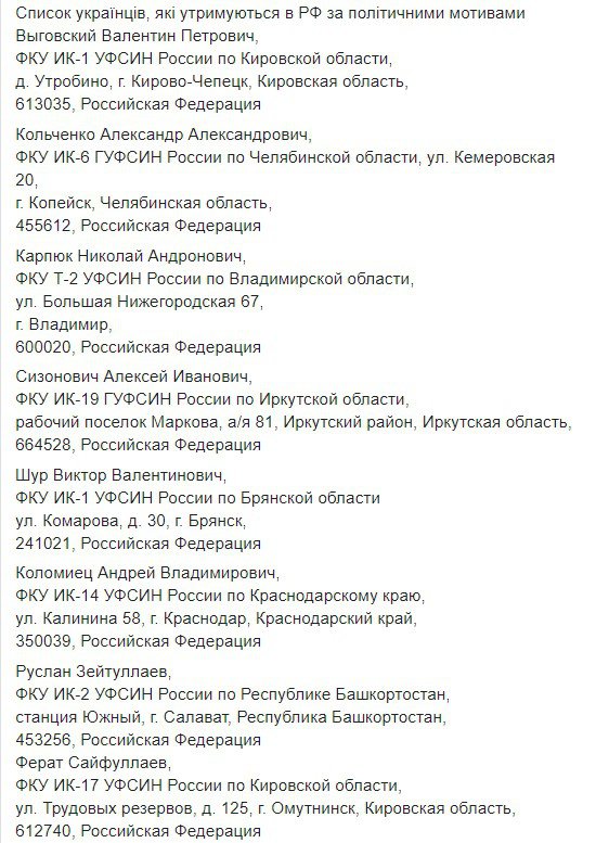 Опублікували адреси українських в'язнів у РФ