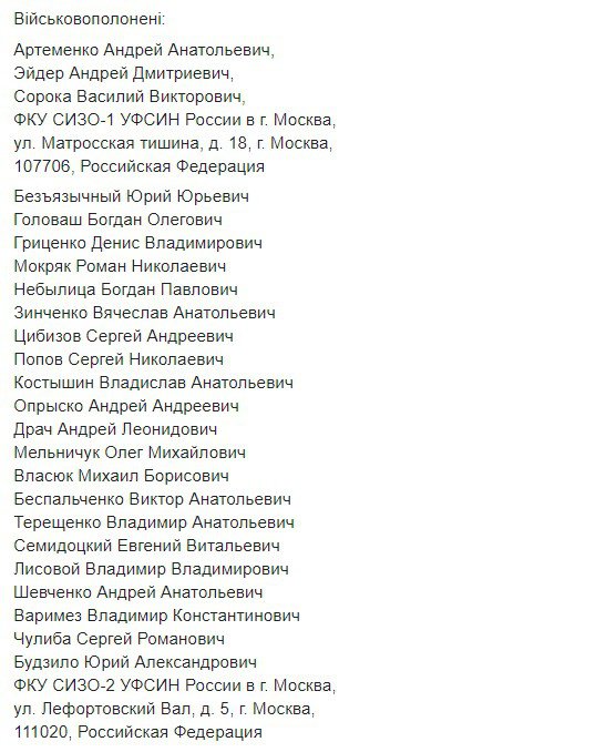 Опублікували адреси українських в'язнів у РФ