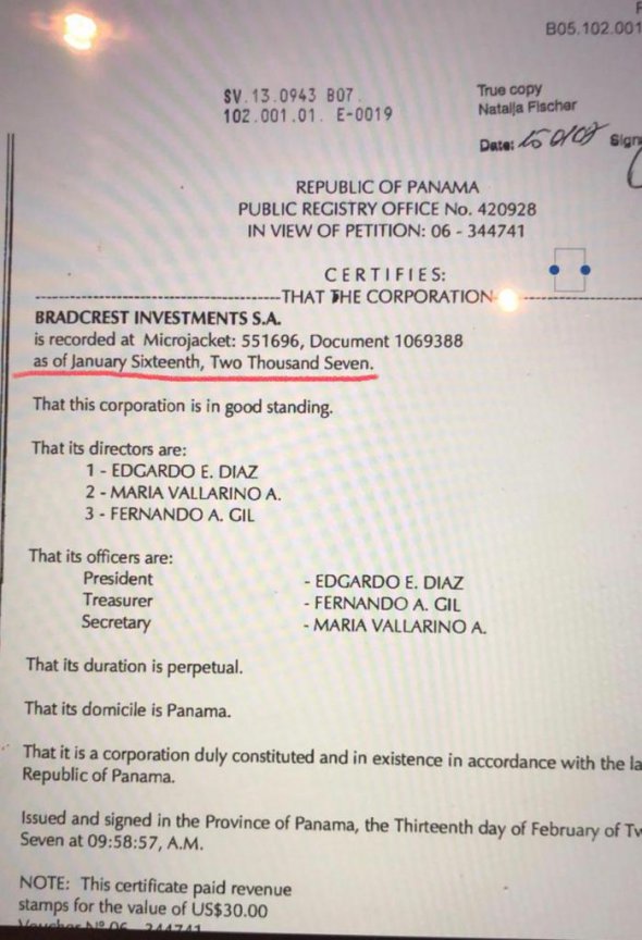 Виписка з панамського реєстру про створення компанії "Бредкрест" із вказівкою повної дати - 16 січня 2007 р.