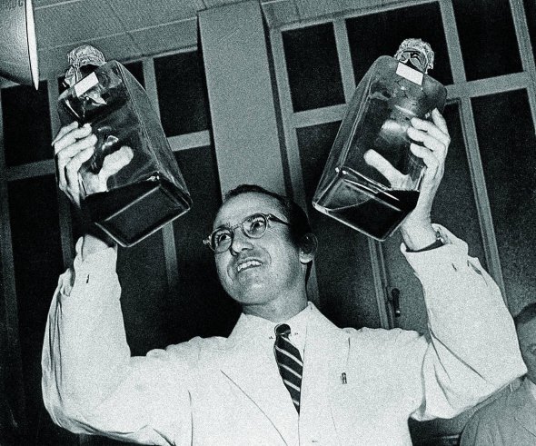 41-річний Джонас Солк зустрівся з журналістами у своїй лабораторії в американському Університеті Піттсбурга після офіційного підтвердження ефективності його вакцини проти поліомієліту 1955-го. До і після того уникав публічних заходів. Більшість часу проводив у лабораторії. Помер 1995 року