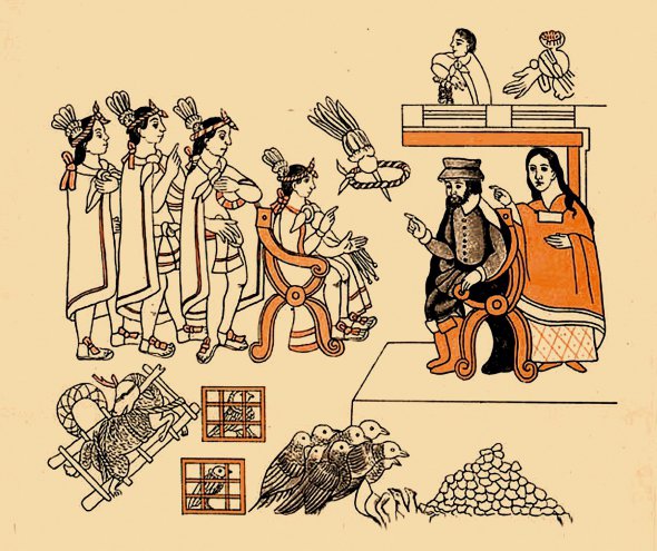 Зустріч іспанського конкістадора Фернандо Кортеса і вождя ацтеків Монтесуми намалювали індіанці на Тласканському полотні XVI століття. Позаду Кортеса зобразили його перекладачку Малінче