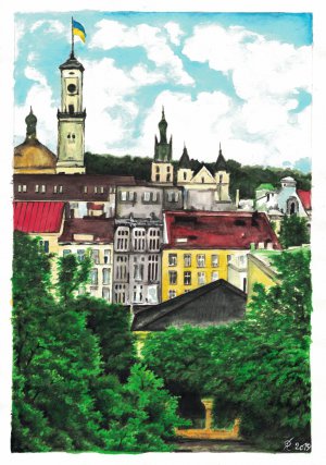 Роман Сущенко прислал новый рисунок - весенний пейзаж украинского города Львов, выполненный акварелью на бумаге А4