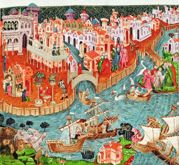 Ілюстрація ”Генуезькі гребці у Венеції” мандрівника Марко Поло (1254–1324) у ”Книзі чудес світу”. Зображував у ній відвідані місця. Гребців намалював, перебуваючи в полоні у Венеції