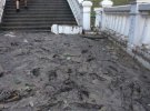 Під час будівництва мосту та укріплення схилів комунальники зрізали частину дерев. Поки ґрунт на схилі не закріпився – бруд буде.