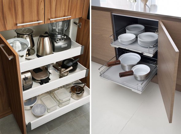 Большое количество места для хранения кухонных принадлежностей — обязательное требование к современному интерьеру кухни. 