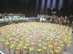 Залу, де проходить симпозіум ”П’ять років після збиття МН17”, прикрасили квітами — 298 соняшниками. Стільки людей загинули п’ять років тому на борту боїнга малайзійських авіаліній, який атакували бойовики над Донбасом 17 липня 2014-го