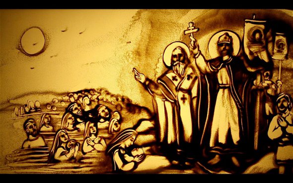 Крещение киевлян в листовке созданной из песка. Автор Ксения Симонова.