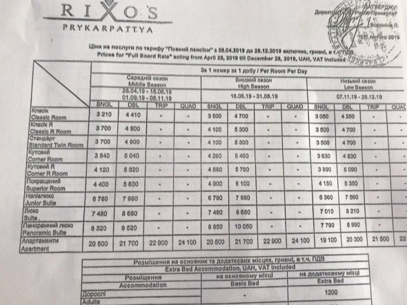 В "Rixos Prykarpattya" вартість номера починається від 3500 грн за добу