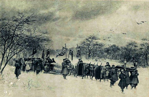Похорон Пантелеймона Куліша на хуторі Мотронівка в лютому 1897 року. Малюнок з натури Григорія Коваленка (1868–1937)