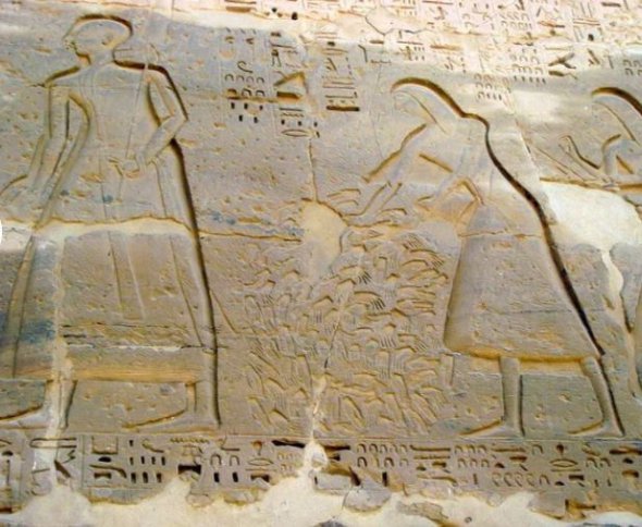 Єгиптяни складають руки убитих ворогів. Зображення на стінах храмів.