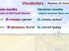Названия месяцев в Украине происходят от славянской разговорной речи. В России с книжной церковнославянской.