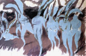 Картину ”Психоделічна атака блакитних кроликів” київський художник Олег Голосій створив 1990-го. Це цитата на антивоєнне полотно ”На лінії вогню” Кузьми Петрова-Водкіна