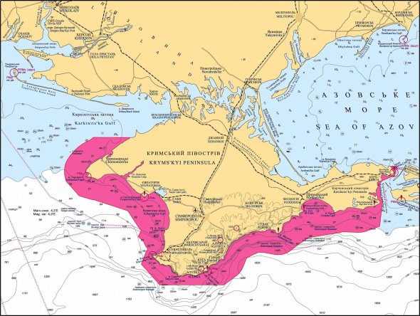 Рожевим кольором відмічено режимний район навколо окупованого Криму
