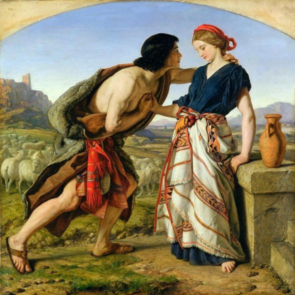 Англійський художник Вільям Дайс зобразив Якова і Рахіль. Саме ця жінка, за вченням Каббали, отримала від ангела талісман - червону нитку, яка допомогла народити двох дітей