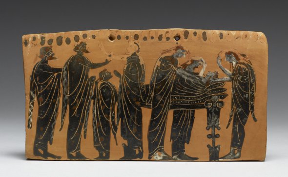 Давньогрецький обряд поховання на ложі зображений чорним лаком на кераміці
