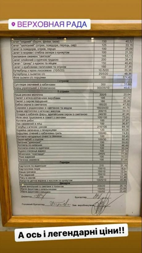 Меню у їдальні парламенту