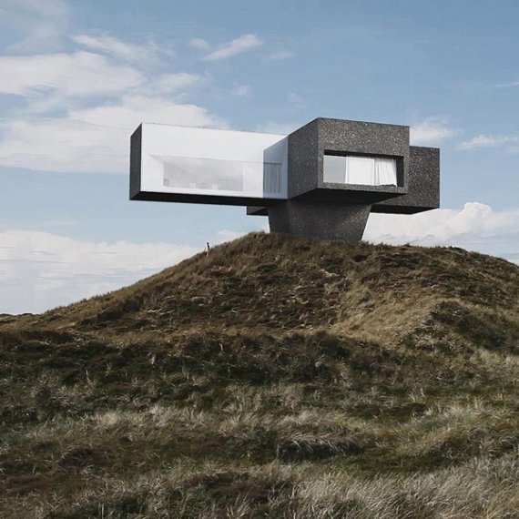 Будинку надали форму лежачого хреста, який завис у повітрі, опираючись на "підставку".