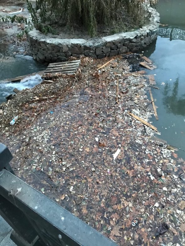 Русло реки завалено досками и другим мусором