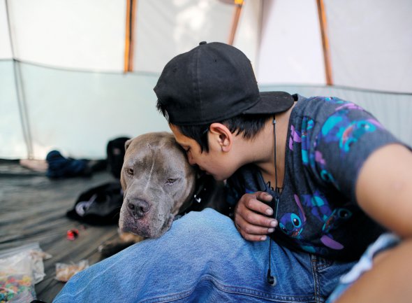 Безпритульна сидить зі своїм собакою на матраці в притулку в Лас-Вегасі. Рейтинг мера впав після заборони безхатькам ночувати на вулиці. Він обіцяє побудувати наступного року два будинки з соціальними квартирами