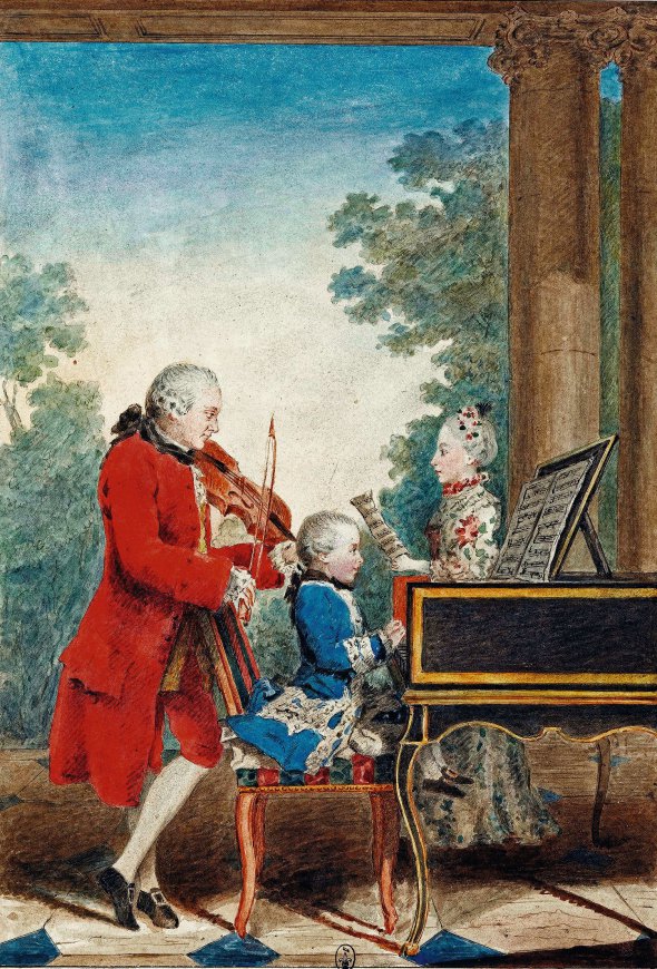Портрет Вольфганга Амадея Моцарта намалював французький художник Луї Кармонтель 1763 року. Зобразив заняття музикою з батьком та сестрою. Змалку він вправлявся грати на фортепіано та скрипці по чотири-п’ять годин на день. Лише після цього батько дозволяв йому гратися. За 35 років життя Моцарт створив понад 600 творів, серед них 40 симфоній та 20 опер