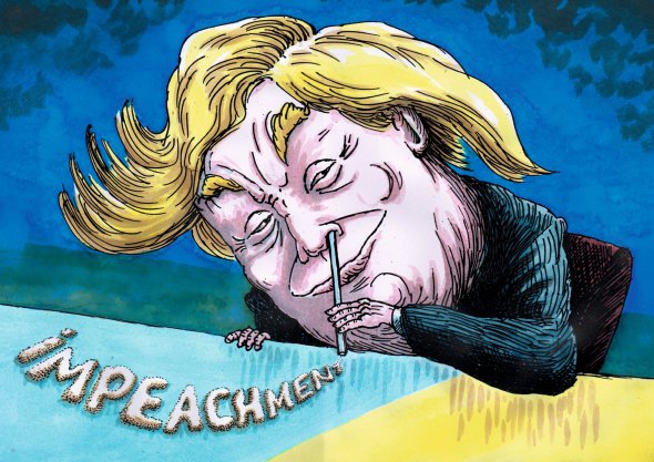 Дональду Трампу в Конгресі США затвердили обвинувачення у зловживанні владою та перешкоджанні розслідуванню щодо ”українського скандалу”. Американському президентові загрожує імпічмент. ”Іноді телефонний дзвінок може бути страшніший за балістичну ракету”, – жартує художник Володимир КАЗАНЕВСЬКИЙ