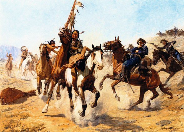 Бій кавалерії Сполучених Штатів Америки проти індіанців зобразив американський художник Чарльз Шрейвогел (1861–1912). Збройні конфлікти на території Північної Америки в період колонізації XVII–XX століть в історію увійшли під назвою ”Індіанські війни”