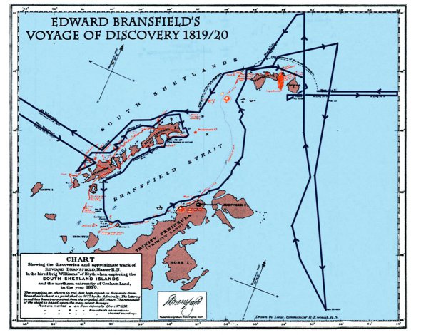 Першим берегів Антарктиди досягнуло британське судно ”Вільямс”. Ним командував ірландець Едвард Бренсфілд. Він вирушив із Чилі через протоку Дрейка на південь. Раніше там бачив невідомі острови капітан Вільям Сміт. Разом вони обстежили нові землі – 30 січня 1820-го закартували півострів Трініті, найпівнічнішу точку Антарктиди