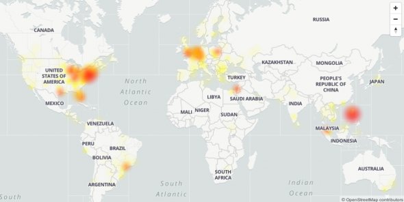 Карта з країнами, де трапився збій у роботі Facebook 
