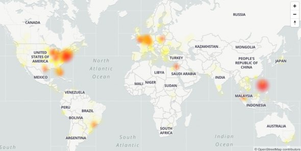 Карта со странами, где произошел сбой в работе Facebook